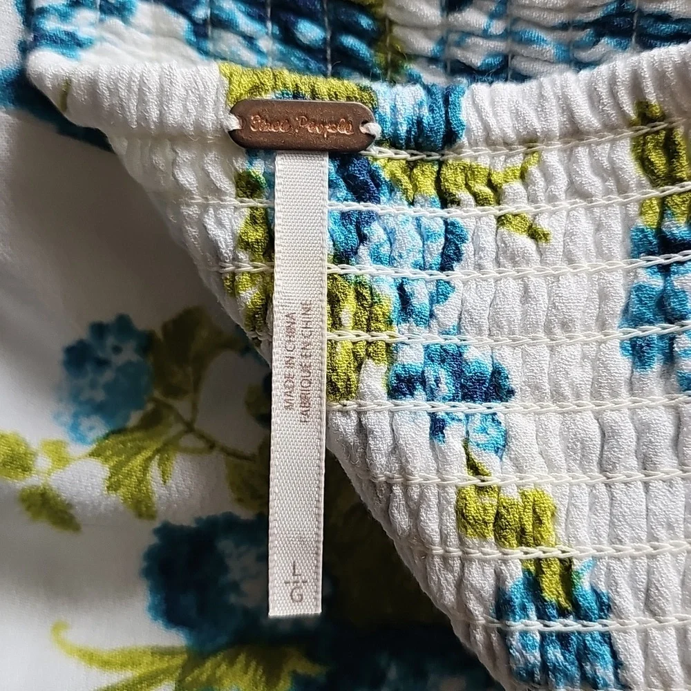 Free People White Floral Button Front Blouse with Blue and Green Print